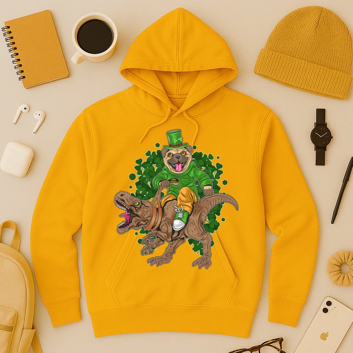 Funny St Patrick Pug On T-Rex Hoodie