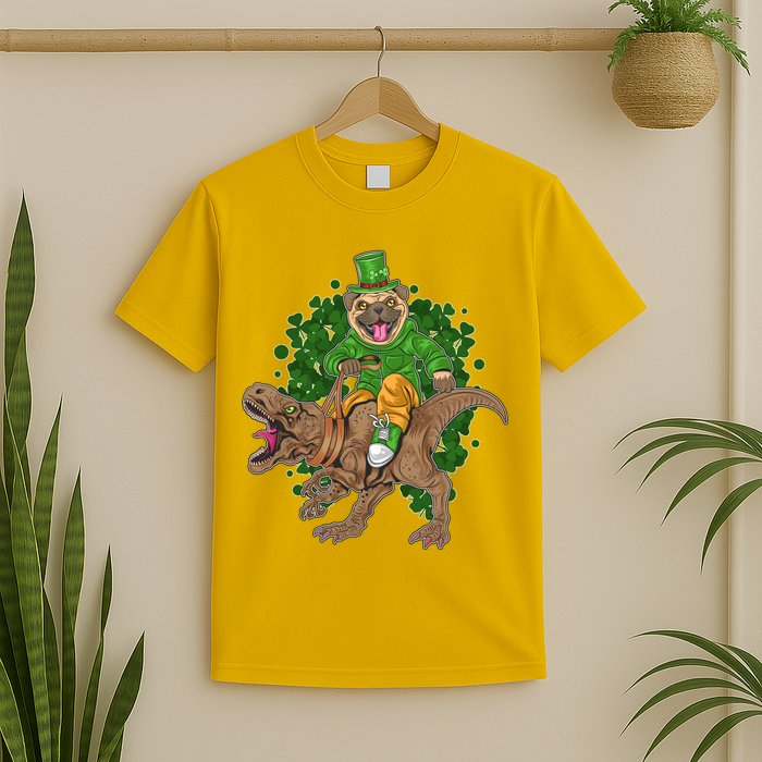 Funny St Patrick Pug On T-Rex T-Shirt