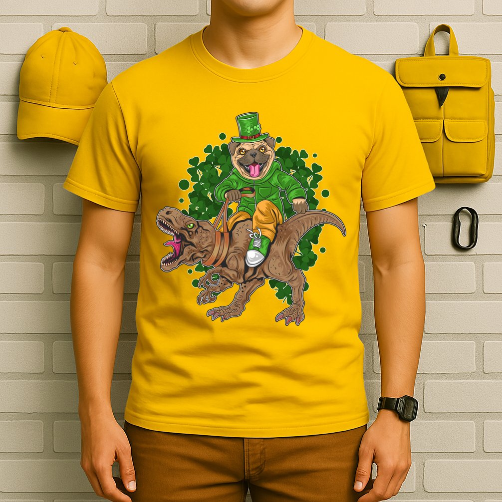 Funny St Patrick Pug On T-Rex T-Shirt