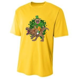 Funny St Patrick Pug On T-Rex Youth Performance Sprint T-Shirt