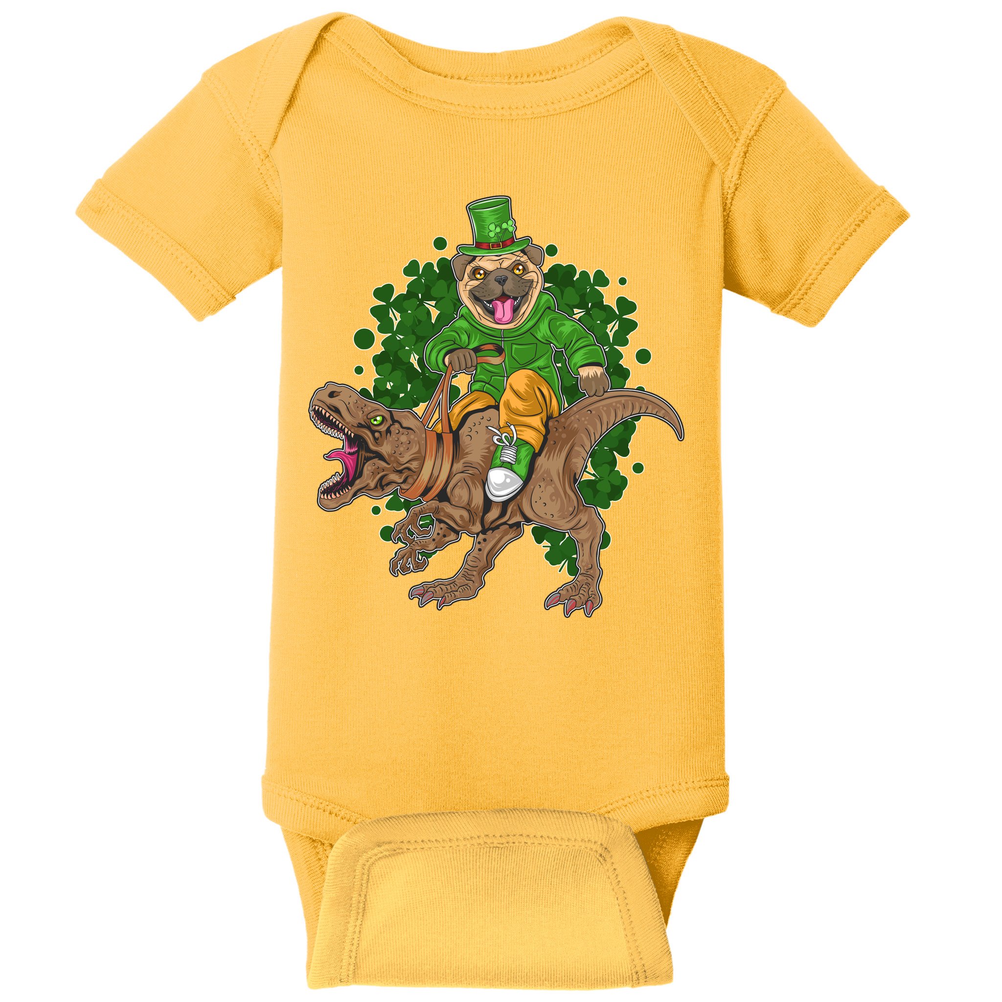 Funny St Patrick Pug On T-Rex Baby Bodysuit