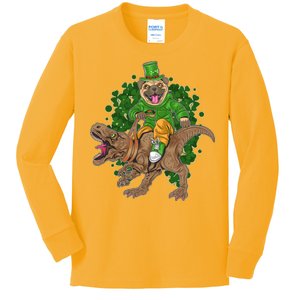 Funny St Patrick Pug On T-Rex Kids Long Sleeve Shirt