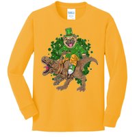 Funny St Patrick Pug On T-Rex Kids Long Sleeve Shirt