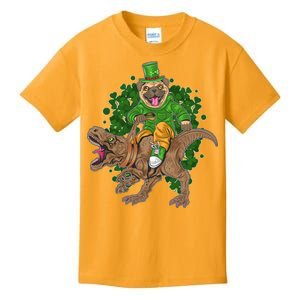 Funny St Patrick Pug On T-Rex Kids T-Shirt