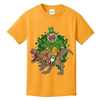 Funny St Patrick Pug On T-Rex Kids T-Shirt