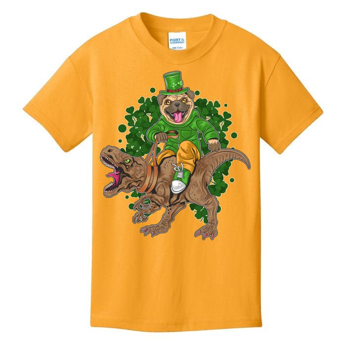 Funny St Patrick Pug On T-Rex Kids T-Shirt