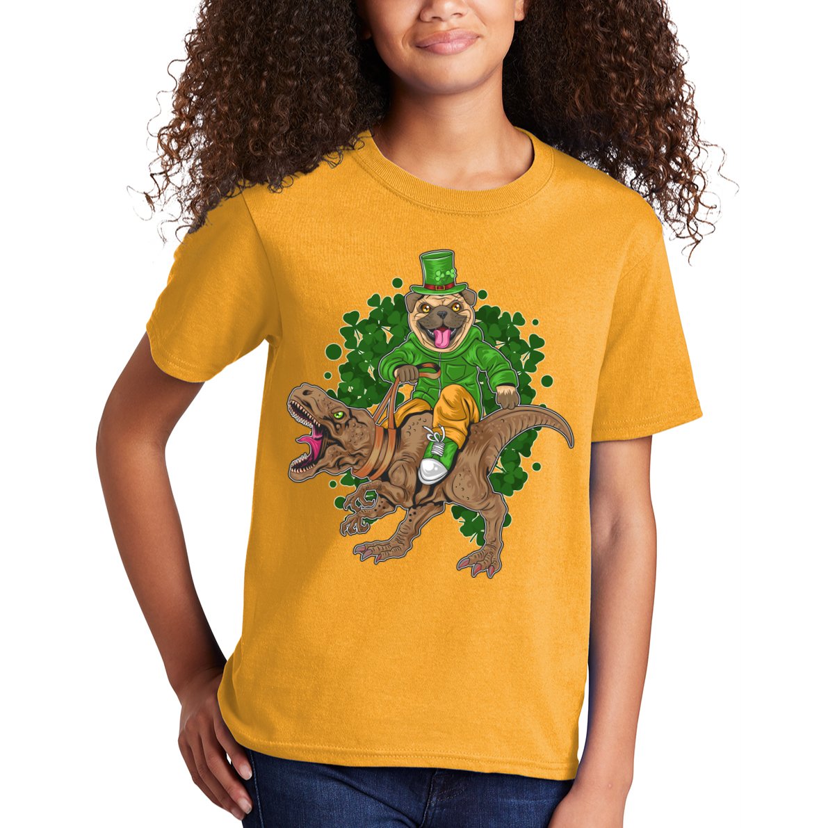 Funny St Patrick Pug On T-Rex Kids T-Shirt