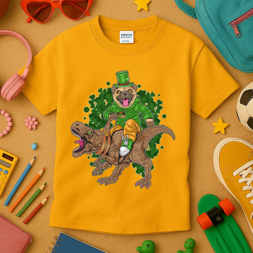 Funny St Patrick Pug On T-Rex Kids T-Shirt
