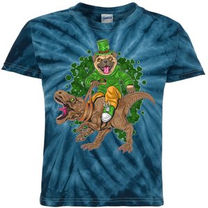 Funny St Patrick Pug On T-Rex Kids Tie-Dye T-Shirt