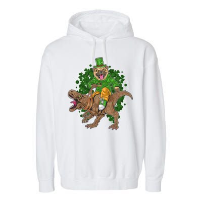 Funny St Patrick Pug On T-Rex Garment-Dyed Fleece Hoodie