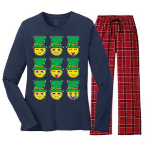 Funny St Patrick's Day Irish Emojis Women's Long Sleeve Flannel Pajama Set 