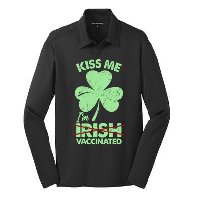 Funny St Patrick's Day Kiss Me I'm Irish Vaccinated Silk Touch Performance Long Sleeve Polo