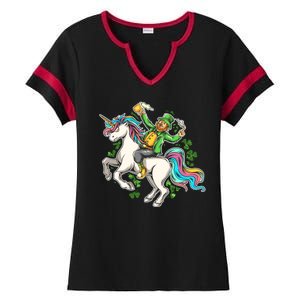 Funny St Patrick's Day Leprechaun Riding Unicorn Ladies Halftime Notch Neck Tee