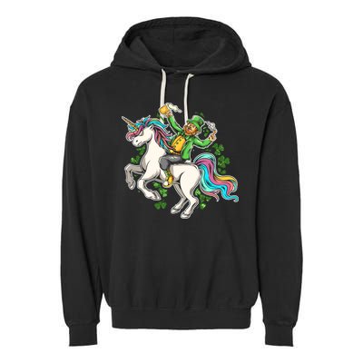 Funny St Patrick's Day Leprechaun Riding Unicorn Garment-Dyed Fleece Hoodie