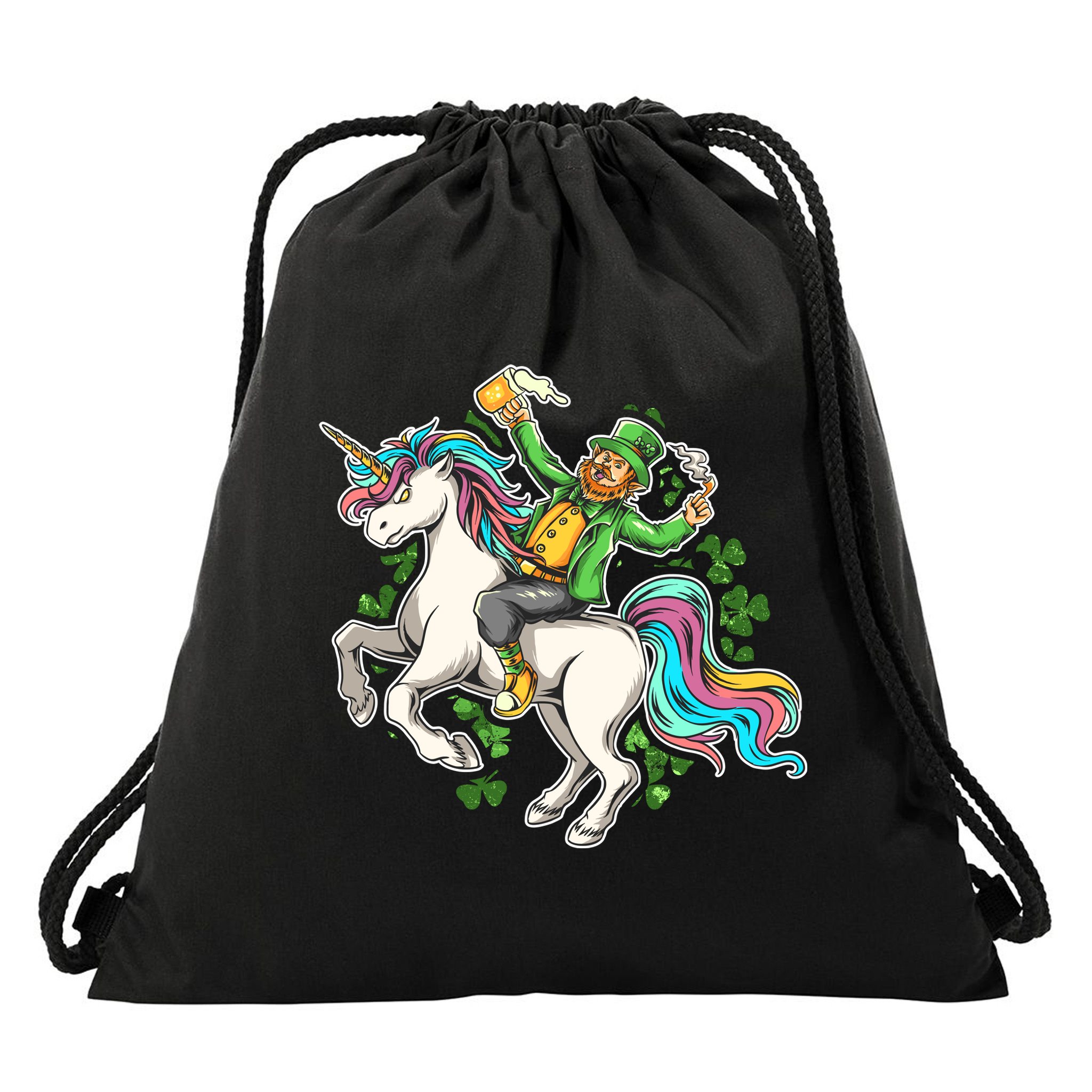 Funny St Patrick's Day Leprechaun Riding Unicorn Drawstring Bag