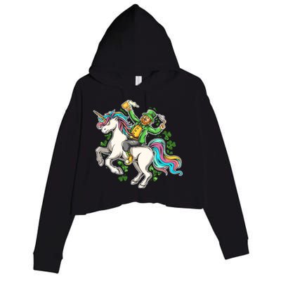 Funny St Patrick's Day Leprechaun Riding Unicorn Crop Fleece Hoodie