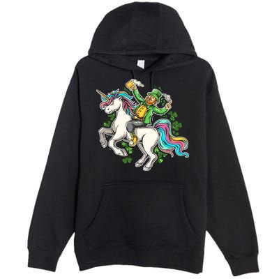 Funny St Patrick's Day Leprechaun Riding Unicorn Premium Pullover Hoodie