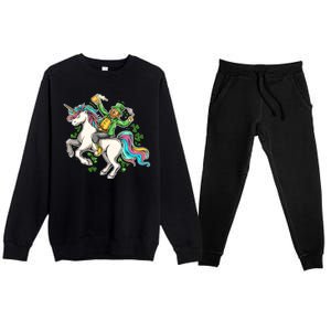 Funny St Patrick's Day Leprechaun Riding Unicorn Premium Crewneck Sweatsuit Set