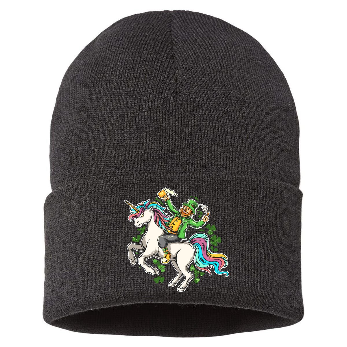 Funny St Patrick's Day Leprechaun Riding Unicorn Sustainable Knit Beanie