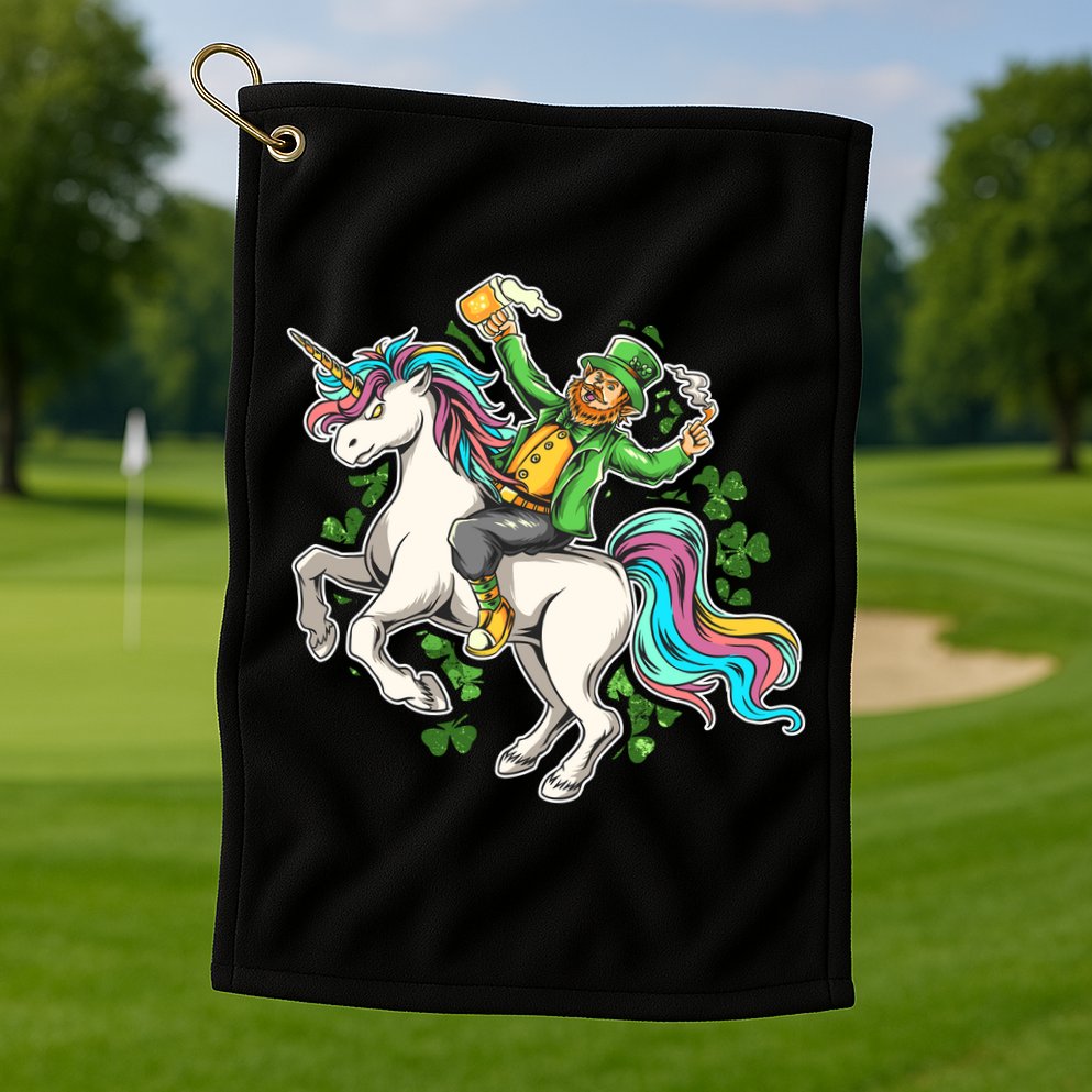 Funny St Patrick's Day Leprechaun Riding Unicorn Golf Towel