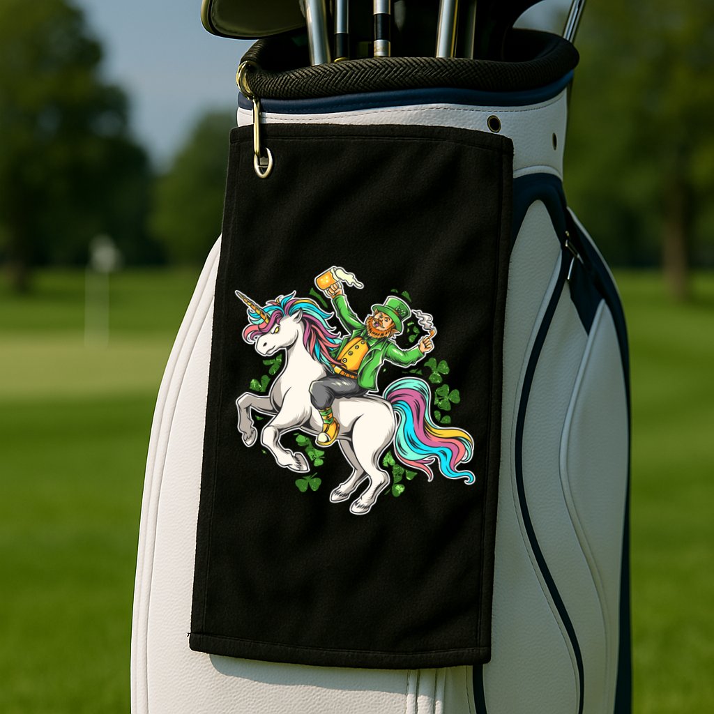 Funny St Patrick's Day Leprechaun Riding Unicorn Golf Towel