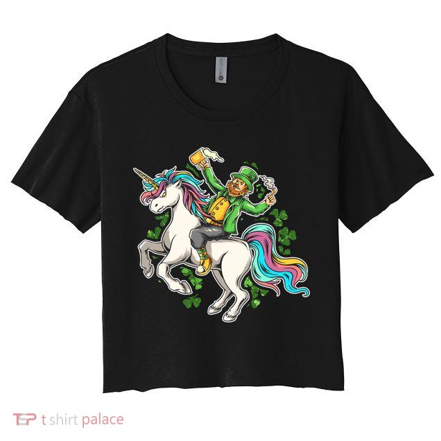Funny St Patrick's Day Leprechaun Riding Unicorn Crop Top