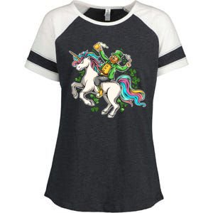 Funny St Patrick's Day Leprechaun Riding Unicorn Enza Ladies Jersey Colorblock Tee