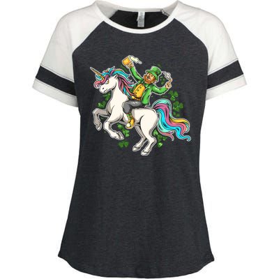 Funny St Patrick's Day Leprechaun Riding Unicorn Enza Ladies Jersey Colorblock Tee