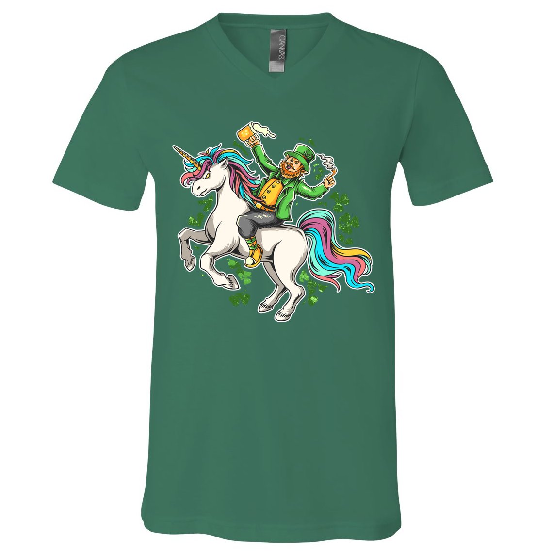 Funny St Patrick's Day Leprechaun Riding Unicorn V-Neck T-Shirt