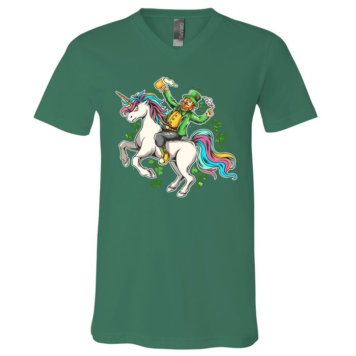 Funny St Patrick's Day Leprechaun Riding Unicorn V-Neck T-Shirt