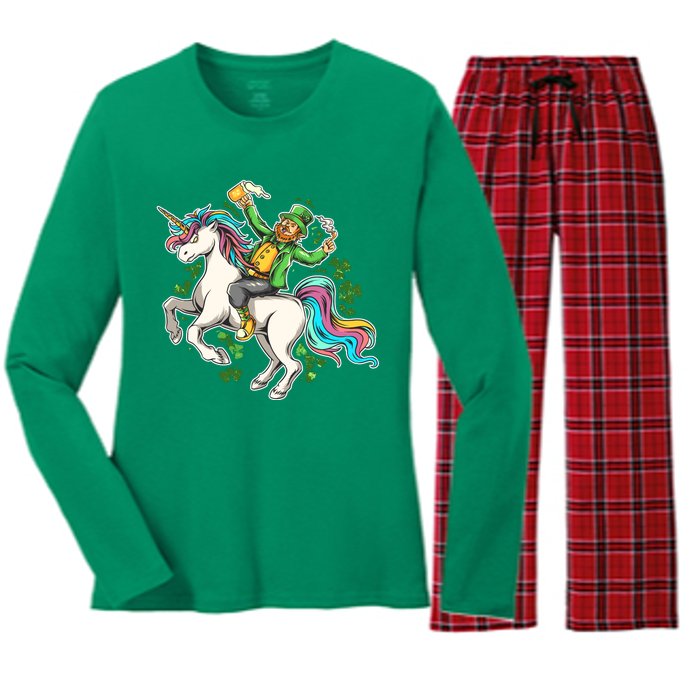 Funny St Patrick's Day Leprechaun Riding Unicorn Women's Long Sleeve Flannel Pajama Set 