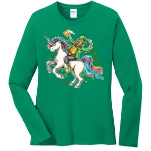 Funny St Patrick's Day Leprechaun Riding Unicorn Ladies Long Sleeve Shirt