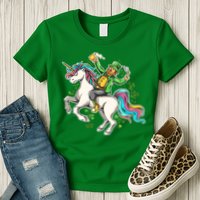 Funny St Patrick's Day Leprechaun Riding Unicorn Womens T-Shirt