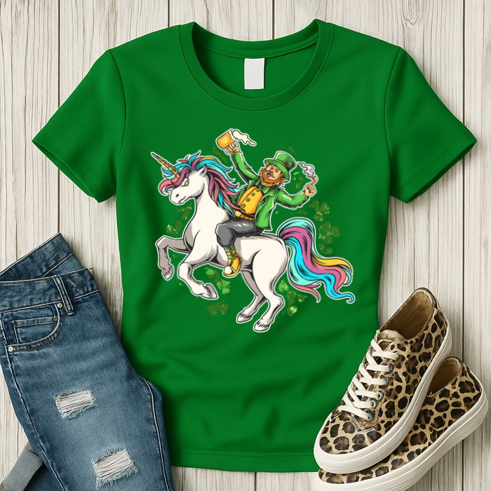 Funny St Patrick's Day Leprechaun Riding Unicorn Womens T-Shirt