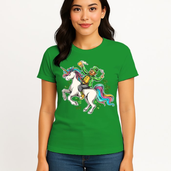Funny St Patrick's Day Leprechaun Riding Unicorn Womens T-Shirt