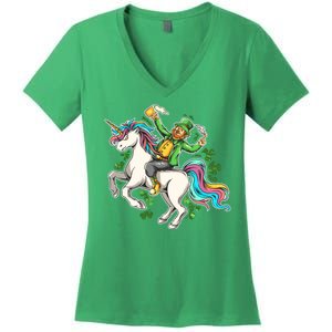 Funny St Patrick's Day Leprechaun Riding Unicorn Women's V-Neck T-Shirt