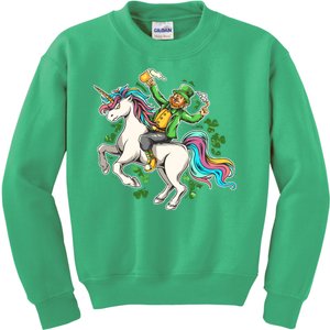 Funny St Patrick's Day Leprechaun Riding Unicorn Kids Sweatshirt