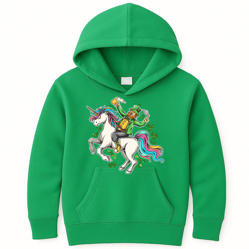 Funny St Patrick's Day Leprechaun Riding Unicorn Kids Hoodie
