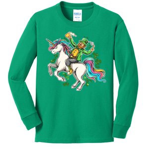 Funny St Patrick's Day Leprechaun Riding Unicorn Kids Long Sleeve Shirt