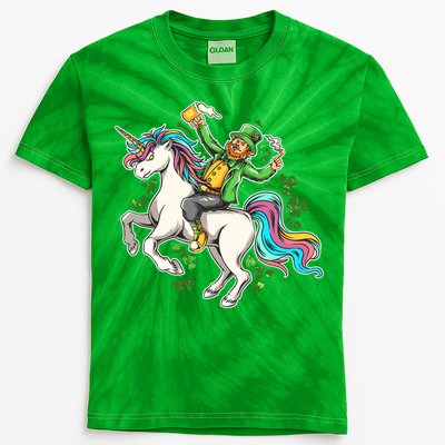 Funny St Patrick's Day Leprechaun Riding Unicorn Kids Tie-Dye T-Shirt