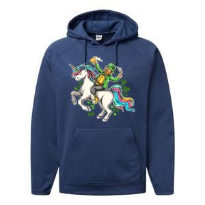 Funny St Patrick's Day Leprechaun Riding Unicorn Performance Fleece Hoodie