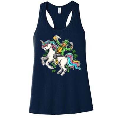 Funny St Patrick's Day Leprechaun Riding Unicorn Women's Racerback Tank