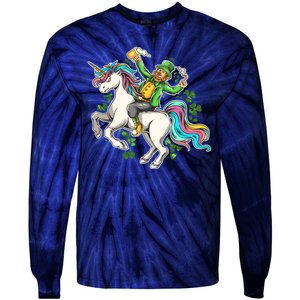 Funny St Patrick's Day Leprechaun Riding Unicorn Tie-Dye Long Sleeve Shirt