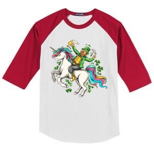 Funny St Patrick's Day Leprechaun Riding Unicorn Kids Colorblock Raglan Jersey