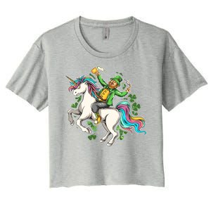 Funny St Patrick's Day Leprechaun Riding Unicorn Women's Crop Top Tee