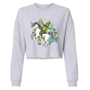 Funny St Patrick's Day Leprechaun Riding Unicorn Cropped Pullover Crew