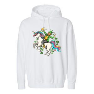 Funny St Patrick's Day Leprechaun Riding Unicorn Garment-Dyed Fleece Hoodie