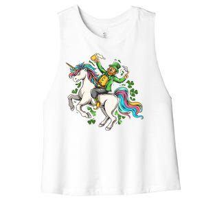 Funny St Patrick's Day Leprechaun Riding Unicorn Women's Racerback Cropped Tank