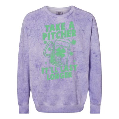 Funny St Patrick's Day Take A Pitcher It'll Last Longer Colorblast Crewneck Sweatshirt