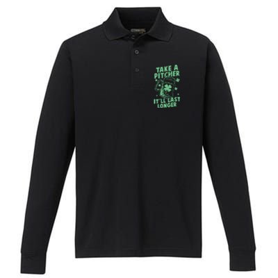 Funny St Patrick's Day Take A Pitcher It'll Last Longer Performance Long Sleeve Polo